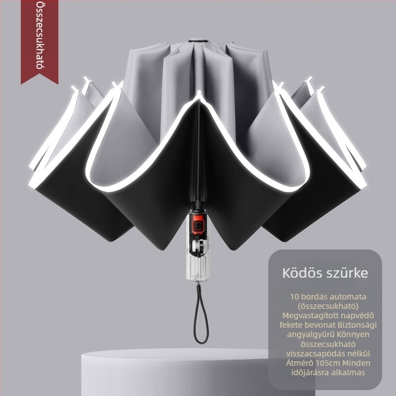 Automata összecsukható esernyő napra és esőre, nagy méret, három részes kialakítás, fekete vinil borítás, UPF 50+ UV védelem, alumínium bordák, acél tengely, műanyag fogantyú