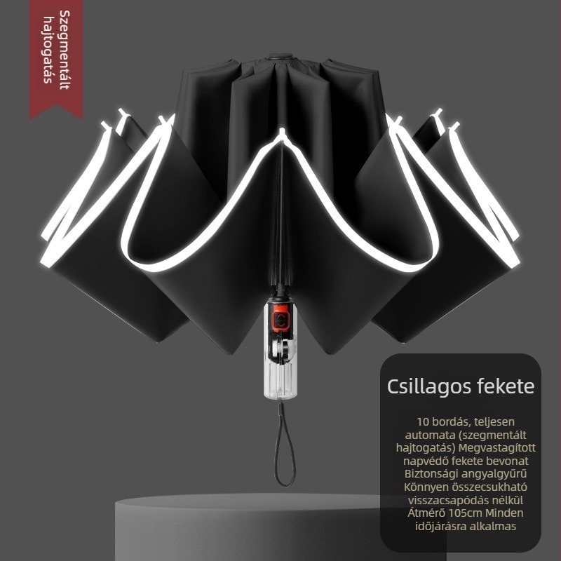 Automata összecsukható esernyő napra és esőre, nagy méret, három részes kialakítás, fekete vinil borítás, UPF 50+ UV védelem, alumínium bordák, acél tengely, műanyag fogantyú