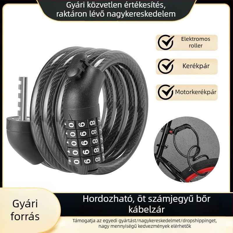 Ötjegyű kombinációs kerékpárzár acélsodronnyal (PVC bevonattal) – kerékpárok, motorkerékpárok és elektromos kerékpárok számára