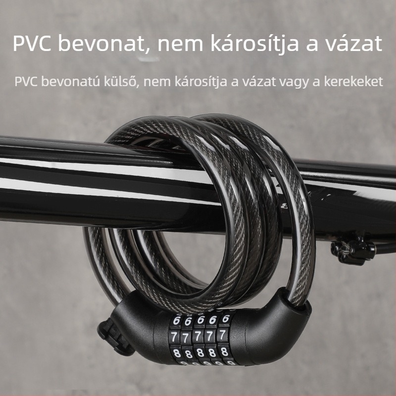 Ötjegyű kombinációs kerékpárzár acélsodronnyal (PVC bevonattal) – kerékpárok, motorkerékpárok és elektromos kerékpárok számára