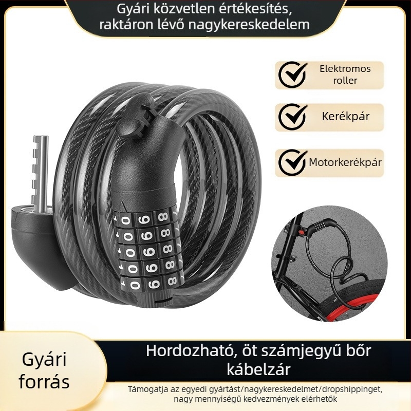Ötjegyű kombinációs kerékpárzár acélsodronnyal (PVC bevonattal) – kerékpárok, motorkerékpárok és elektromos kerékpárok számára