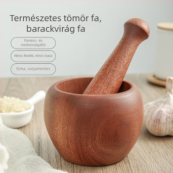 Fából készült kézi fokhagyma sajtoló és mozsár