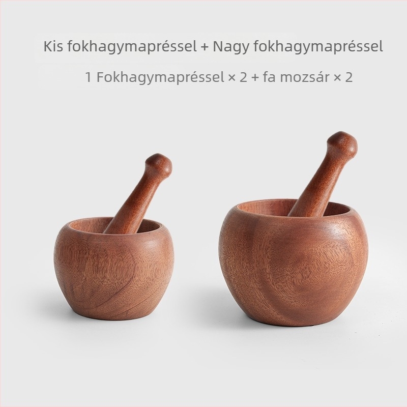 Fából készült kézi fokhagyma sajtoló és mozsár