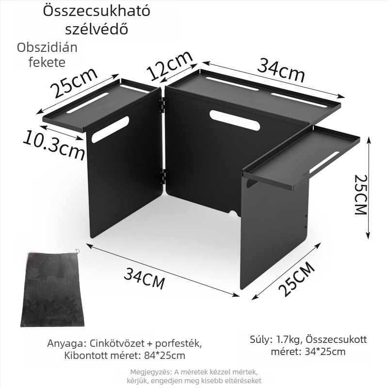 Kültéri összecsukható szélvédő és multifunkcionális tárolófelület kemping tűzhelyhez