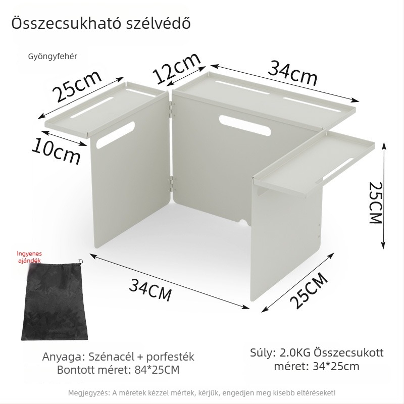 Kültéri összecsukható szélvédő és multifunkcionális tárolófelület kemping tűzhelyhez