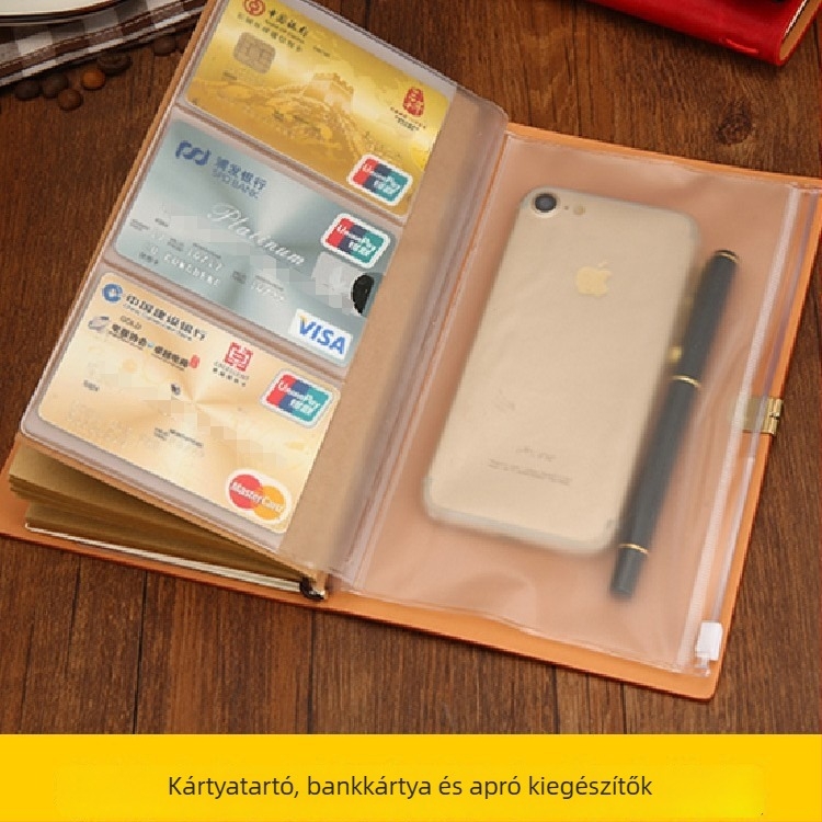 A6 retro notesz pántos záróval, testreszabható puha bőrkötésű planner, utazási zsebnapló kártyatartóval és levehető lapokkal