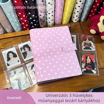 Macaron A5-ös lazán jegyzetfüzet, testreszabott pöttyös borítóval, kártyatartóval és Polaroid fotó tárolóval