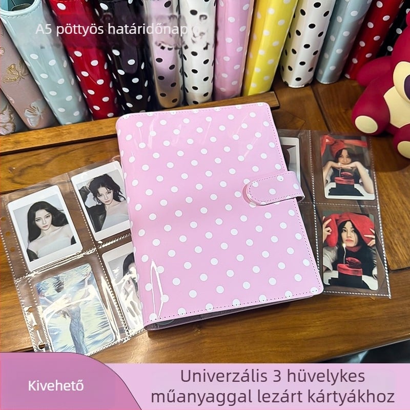 Macaron A5-ös lazán jegyzetfüzet, testreszabott pöttyös borítóval, kártyatartóval és Polaroid fotó tárolóval