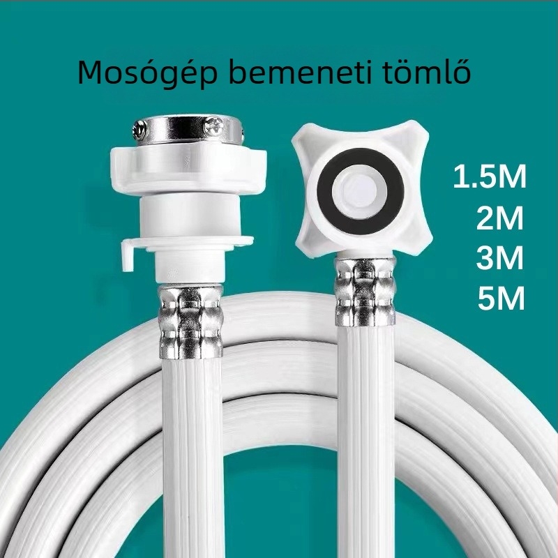 PVC mosógép beömlőcső, 1,5 m, 2 m, 3 m vagy 5 m hosszúságban, rozsdamentes csatlakozókkal