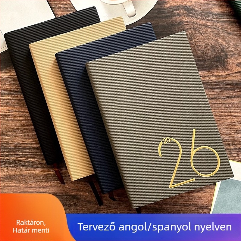 2026-os tervező angol–spanyol nyelven, 365 napos útiterv jegyzet és éves naptár iroda hatékonyságáért