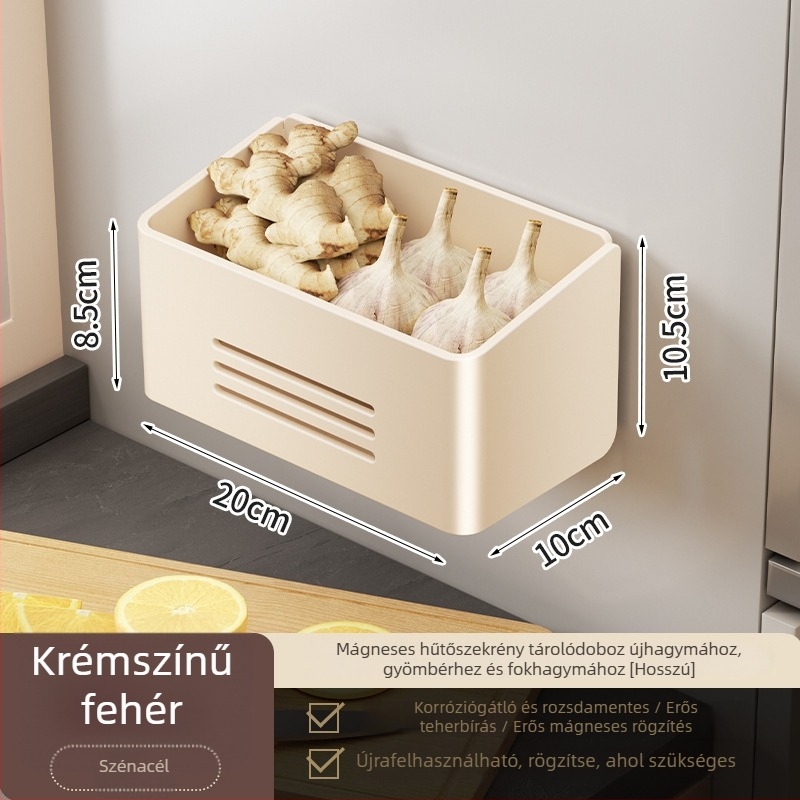 Mágneses falra szerelhető tároló a hűtő külső oldalához zománclemezzel – hagyma, gyömbér és fokhagyma tároló