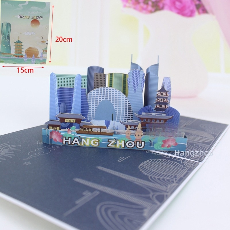 3D lézerrel vágott városi táj- és építészeti modell Guangzhou, Hangzhou, Hong Kong, Yunnan és New York – üdvözlőlap hajtogatható meghívóval