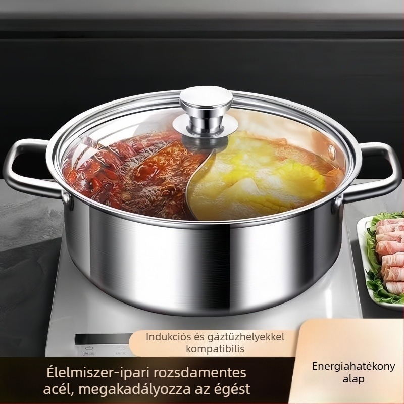 Kétrekeszes forró fazék élelmiszer-minőségű rozsdamentes acélból, indukciós főzéshez alkalmas, vastag falú leveses fazék, mély, nagy kapacitás, otthoni használatra.