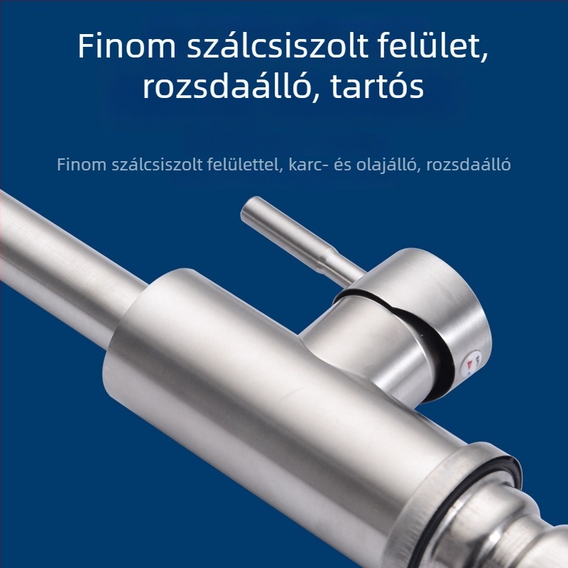 Rozsdamentes acél konyhai mosogató csaptelep, meleg és hideg vízzel, forgatható kifolyóval, brushed felülettel, kerámiás patron, modell My-slt183, 35 mm-es szeleptámasz, egykaros, pultba szerelhető