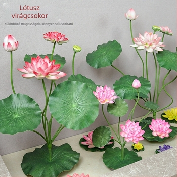 Mesterséges lótusz virág levéllel belső vízdekoráció Buddha szoborral, 60–100 cm