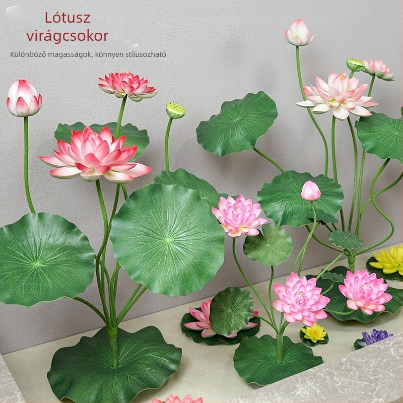 Mesterséges lótusz virág levéllel belső vízdekoráció Buddha szoborral, 60–100 cm