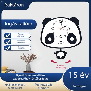 Panda karikatúra falióra lengő pendulummal, kerek akril kerettel a nappaliba