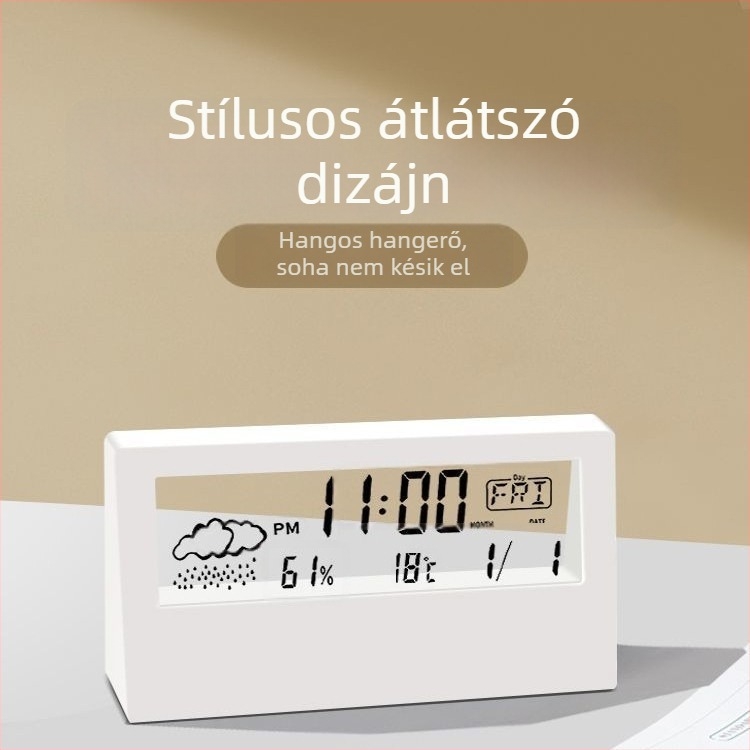 Asztali óra időjárás-, hőmérséklet- és páratartalom kijelzővel, éjszakai fény és digitális ébresztőóra