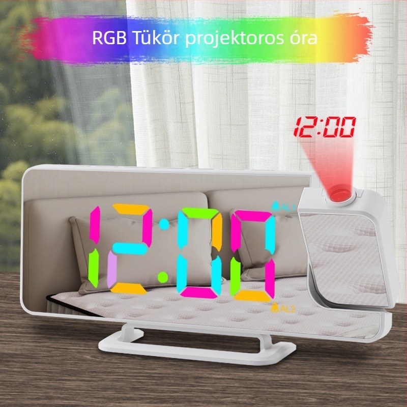 LED tükör RGB színes digitális vetítős óra – többfunkciós asztali otthoni óra ébresztővel