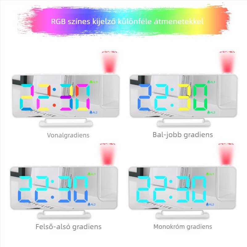 LED tükör RGB színes digitális vetítős óra – többfunkciós asztali otthoni óra ébresztővel