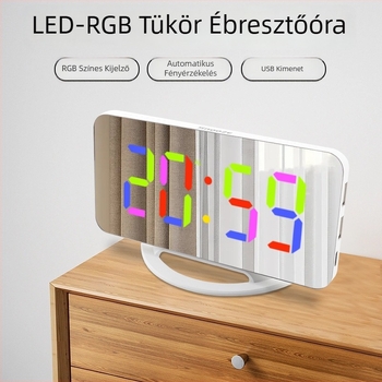 LED nagy kijelzős RGB tükrös ébresztőóra, asztali digitális óra két USB-porttal