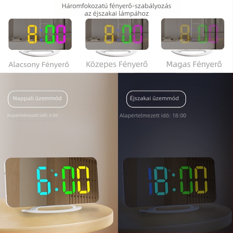 LED nagy kijelzős RGB tükrös ébresztőóra, asztali digitális óra két USB-porttal