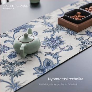 Új kínai stílusú asztal futó kék-fehér porcelán mintával, pamut-lin keverék anyag, virágos vidéki motívum kávé- és étkezőasztalhoz