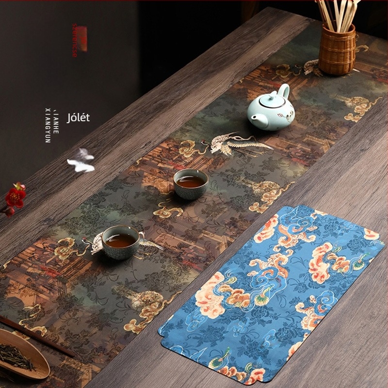 Vízálló kínai stílusú tea alátét, kétoldalas, textil asztalterítő futó, téglalap alakú, nagy méret