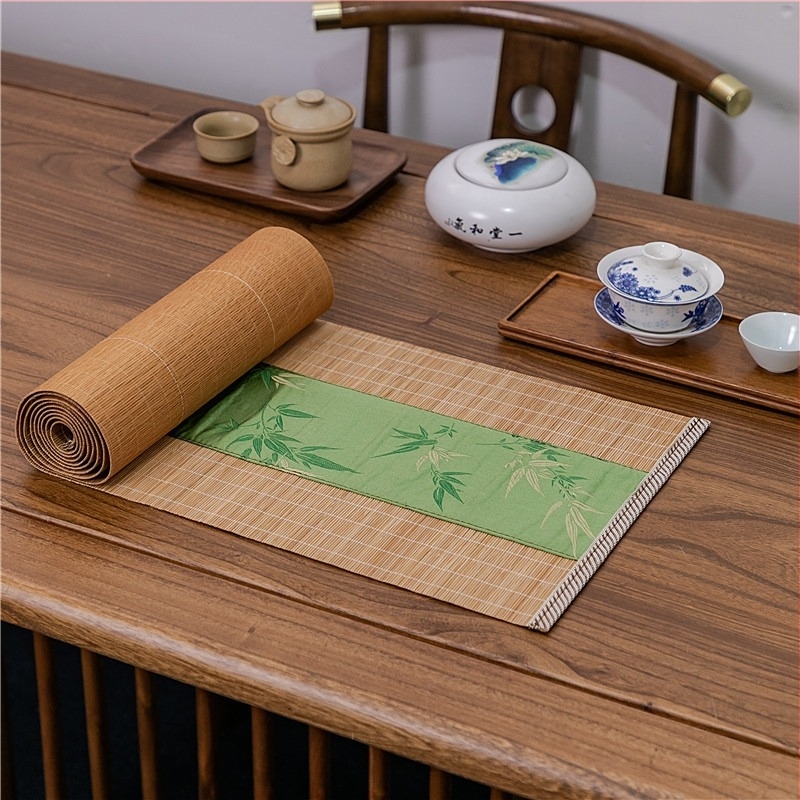 Új kínai stílusú bambusz teaceremónia szigetelő alátét, Zen asztali zászló és teafedél, retro bambusz függöny