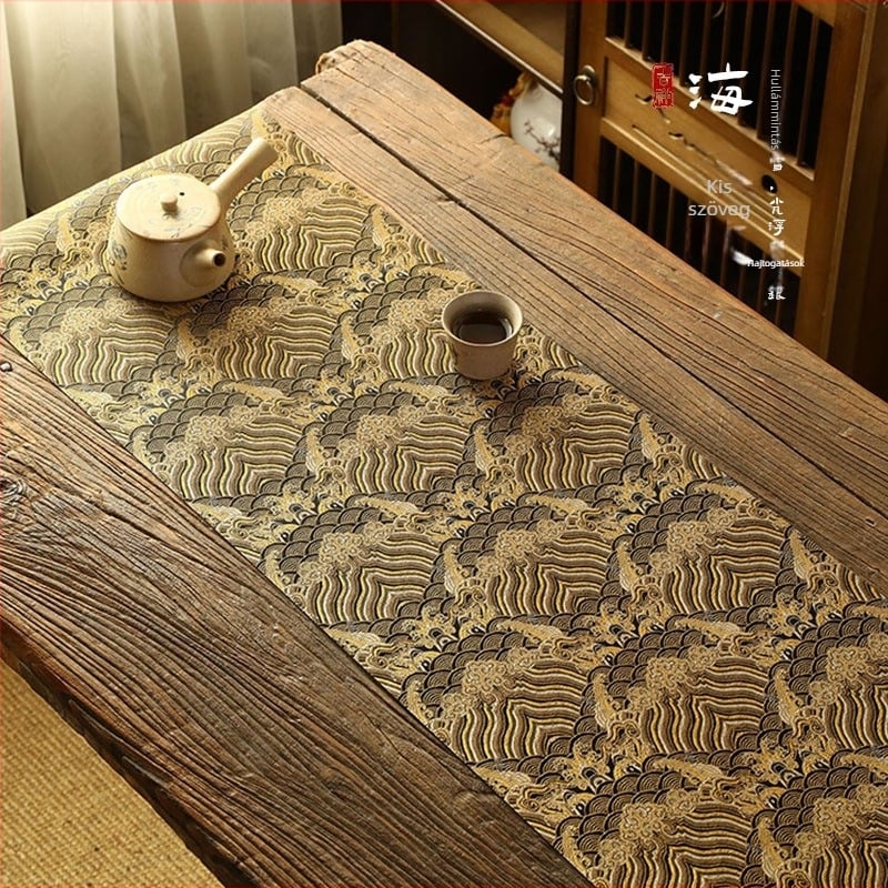 Vízálló, kettős oldalú kínai stílusú teafuttató alátét, textil asztali futó, téglalap alakú, kis méret
