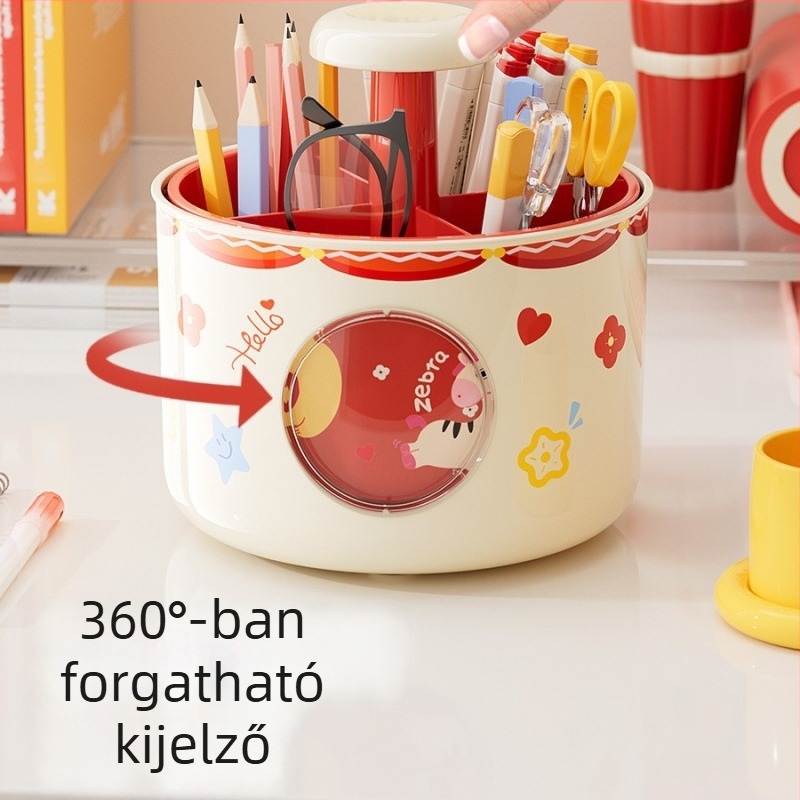 Forgó űrkapszula stílusú íróeszköz- és irodai tároló négy rekesszel az asztalra