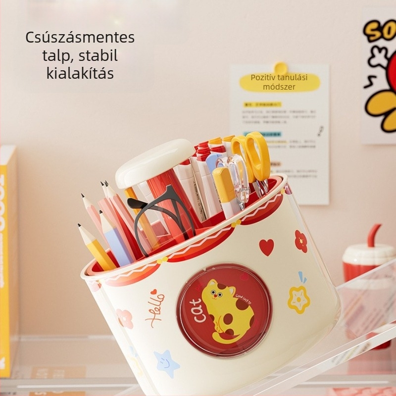 Forgó űrkapszula stílusú íróeszköz- és irodai tároló négy rekesszel az asztalra