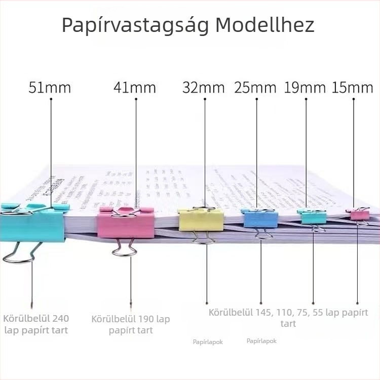 Színes dossziékapcsok hosszúfülűek, fekete és különböző méretekben, dokumentumokhoz, bizonylatokhoz, könyvekhez és irodai kellékekhez.
