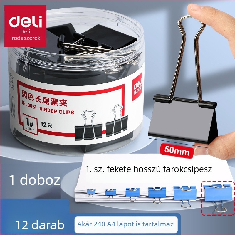 Deli 8561 Fekete hosszú farkú dokumentumklip, 12 darabos készlet, 51 mm, fémből készült