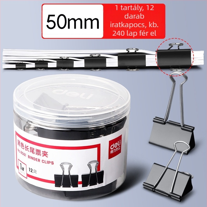 Deli 8561 Fekete hosszú farkú dokumentumklip, 12 darabos készlet, 51 mm, fémből készült