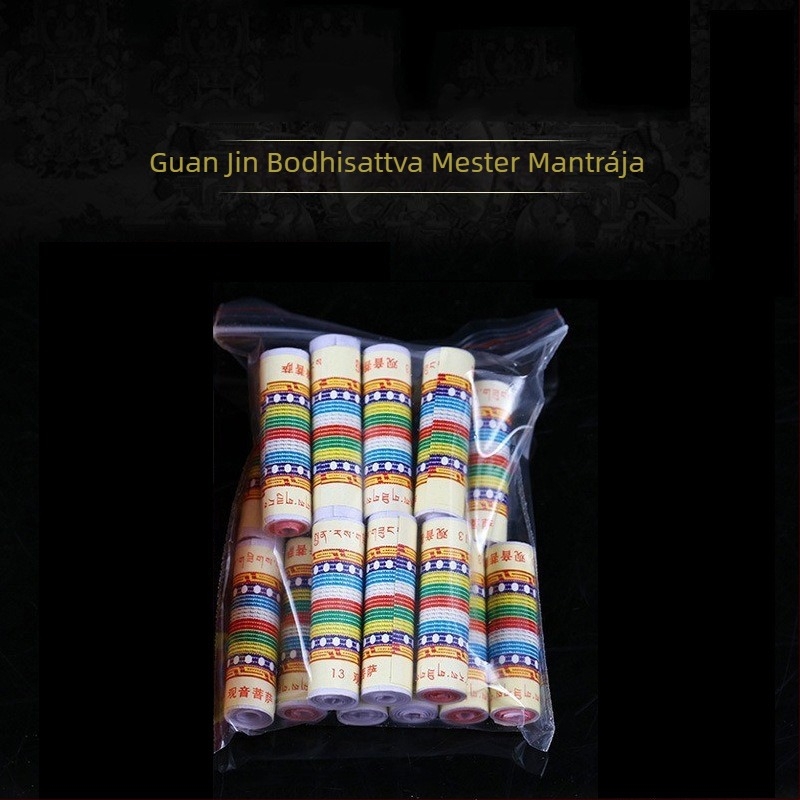 Tibeti tántrikus írások tekercsei: Guanyin Bodhisattva, Dharani tekercsek, kis Buddha-szobrok – többféle változat