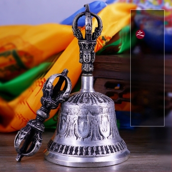Vajra harang és dorje, ötszálú vajra, fehér réz, buddhista szertartási eszköz
