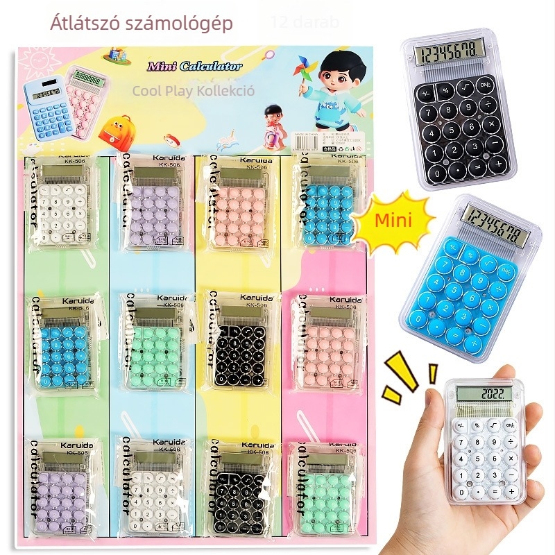 12 darabos mini átlátszó számológép, cukorka színű, hordozható irodai használatra