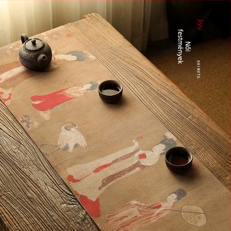 Kínai stílusú vízálló brokát teafedő, luxus magas minőségű asztalterítő, teafedeő női motívummal, retro dekor, zen stílus