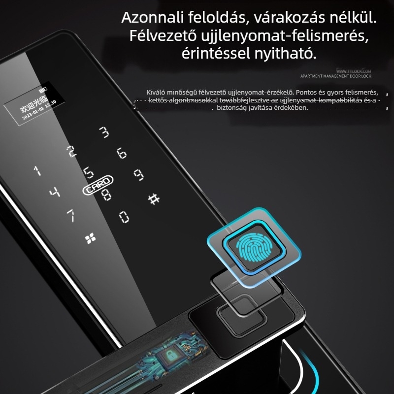 Okos zár biometrikus ujjlenyomattal, jelszóval és kártyás hozzáféréssel — modern, minimalista dizájn.
