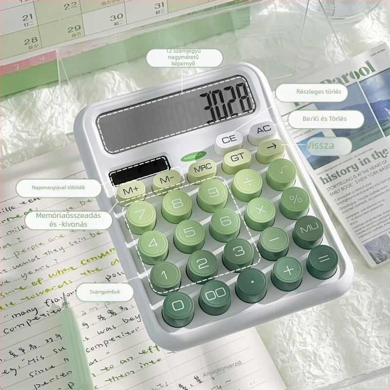 Napsugárenergiával működő, csendes számológép gradiens felülettel, alumínium házzal, 12 számjegyű kijelzővel, irodai és tanulási célokra