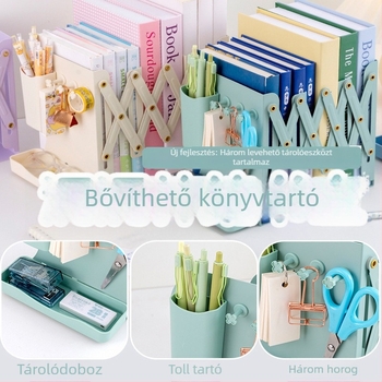 Teleszkópos fémből készült könyvtartó az íróasztalhoz, tárolórésszel és tolltartóval – iroda- és iskolai rendező