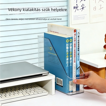 Akril asztali rendező ferde előlappal, áttetsző tároló, könyvespolc az irodába