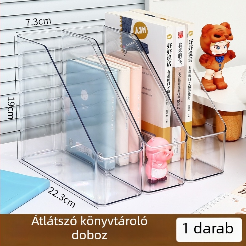 Akril asztali rendező ferde előlappal, áttetsző tároló, könyvespolc az irodába