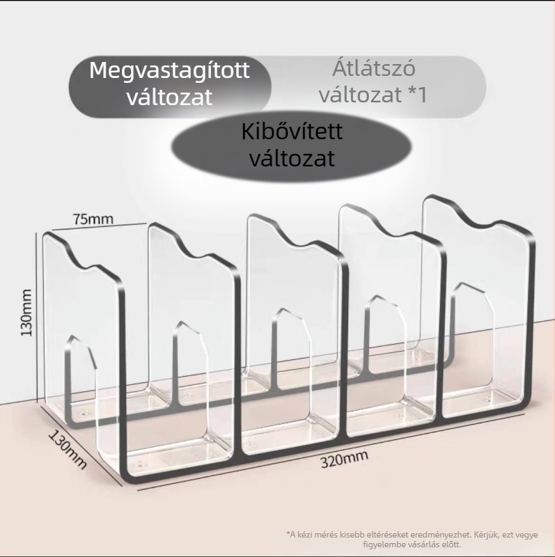 Átlátszó akrilból készült asztali könyvespolc, négy rekesz, műanyag könyvtároló doboz