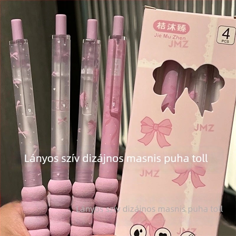 Lányos szív alakú masnival ellátott kattintós toll, Insta-stílus, gyorsan száradó gel toll, 0,5 mm, fekete tinta