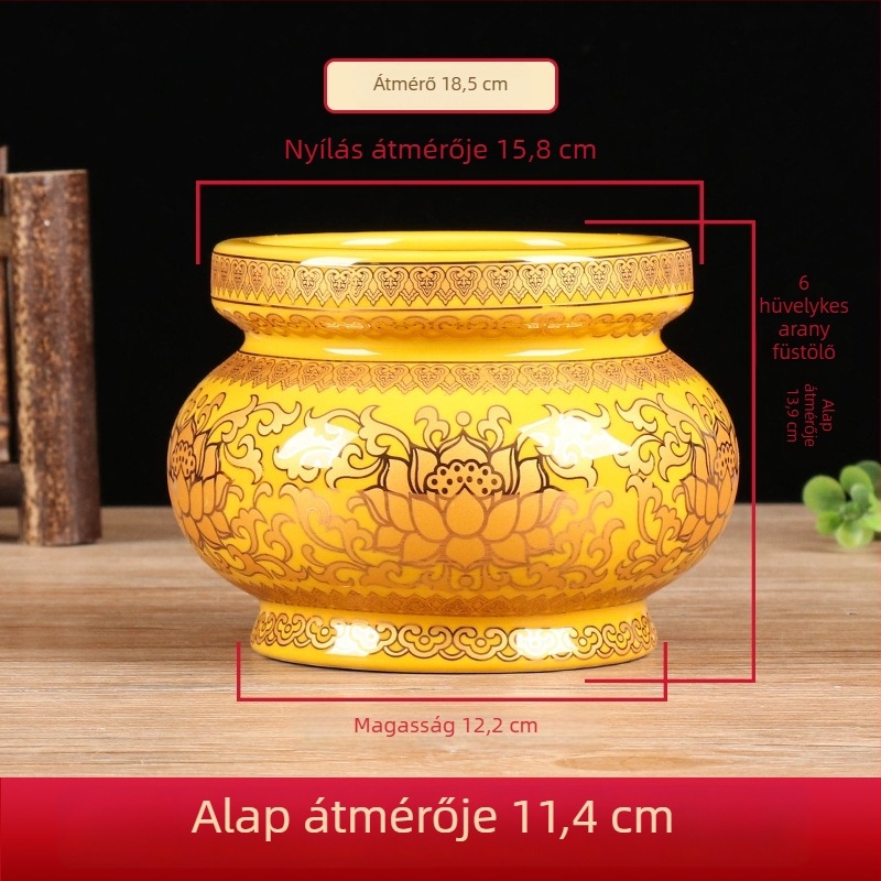Kerámiás füstölő tartó buddhista használatra, beltéri lótusz motívummal, aranysárga lótusz
