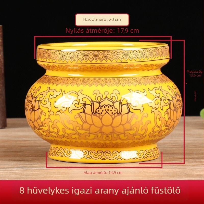 Kerámiás füstölő tartó buddhista használatra, beltéri lótusz motívummal, aranysárga lótusz