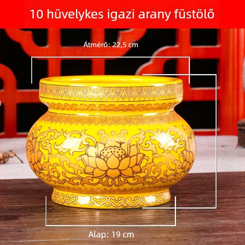 Kerámiás füstölő tartó buddhista használatra, beltéri lótusz motívummal, aranysárga lótusz