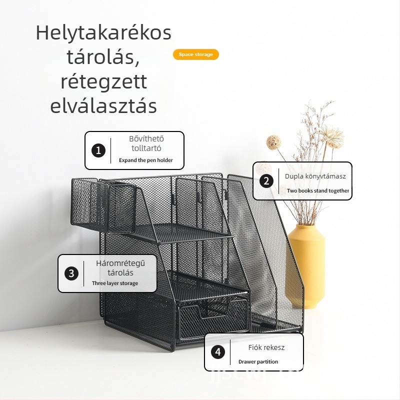 Fémes, 3-szintes fájlállvány, asztali dokumentum rendező